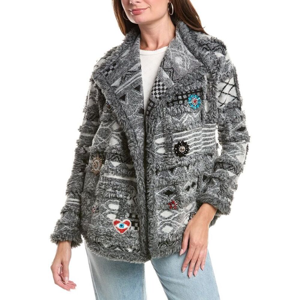 Johnny Was Womens Patchwork Wool-Blend Jacket, Black